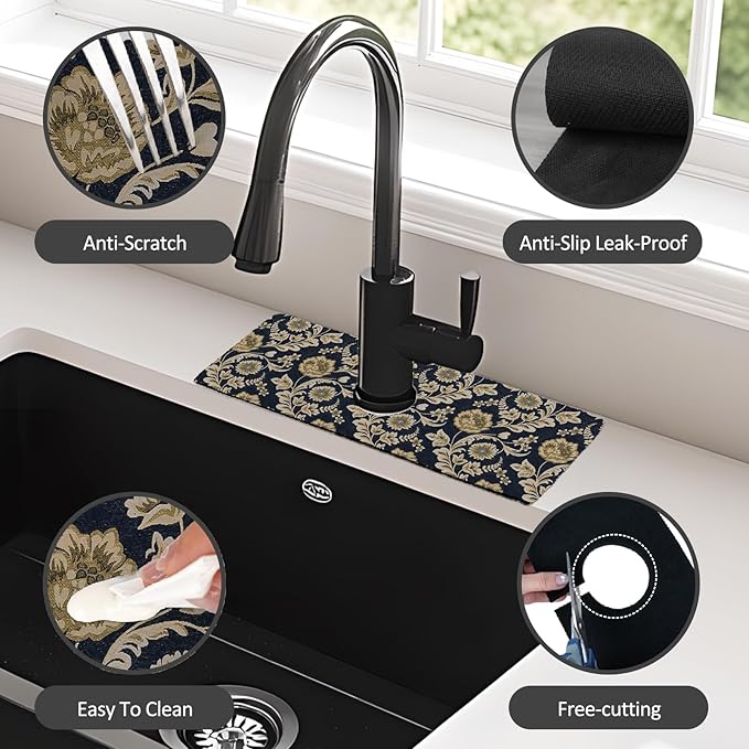 15" X 5.5" Kitchen Sink Splash Guard Faucet Mat Floral Flower Super Absorbent