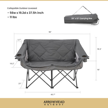 ARROWHEAD OUTDOOR 2-Pack Portable Folding Double Duo Camping Chair Loveseat w/ 2 Cup & Wine Glass Holder, Carrying Bag, Supports up to 650lbs