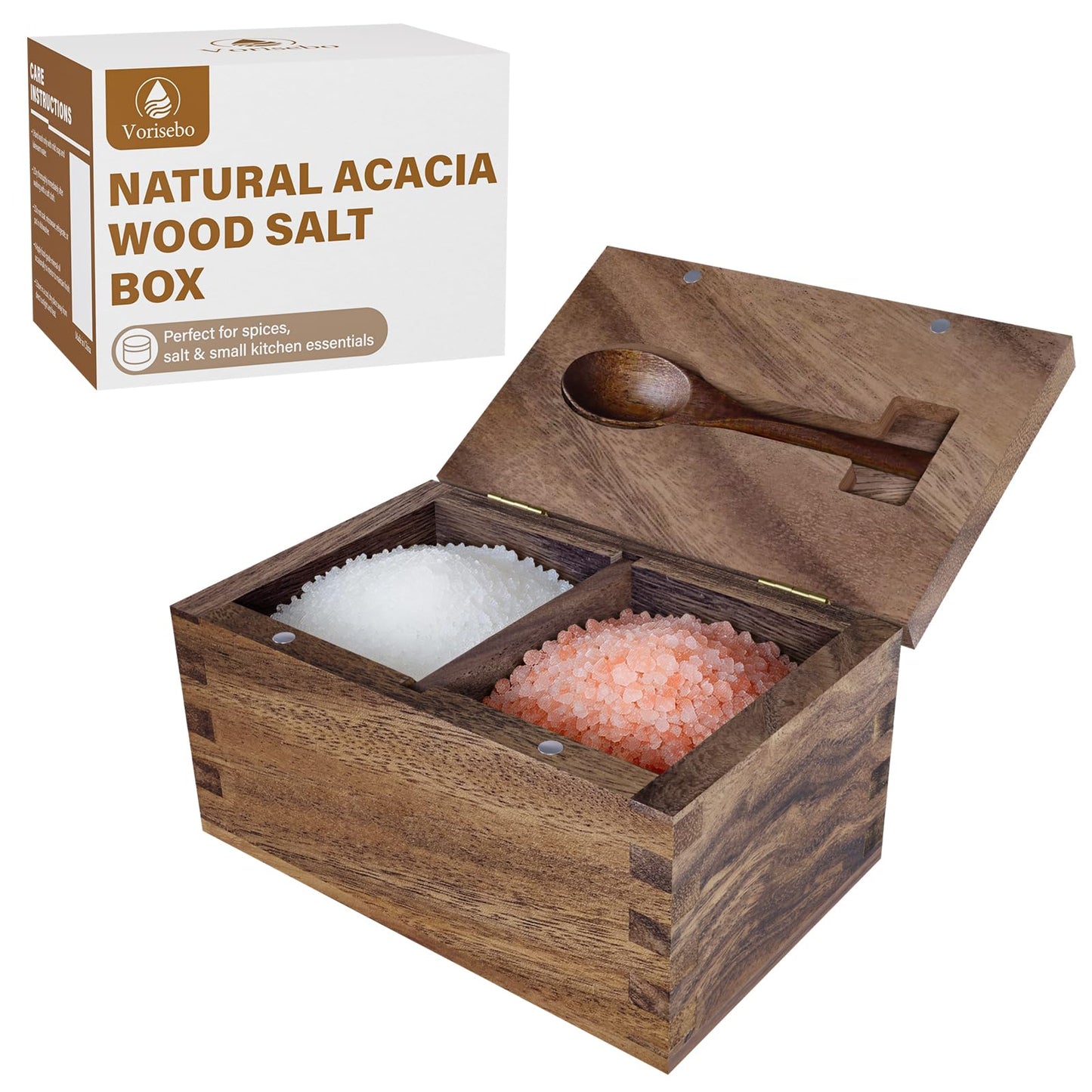 Vorisebo Large Capacity Acacia Wood Salt Container with Magnetic Flip Lid & Built-in Spoon, 20 OZ Kitchen Salt Holder, Elegant Salts Cellar Box to Storage Pepper, Herbs, Spice or Favorite Seasonings