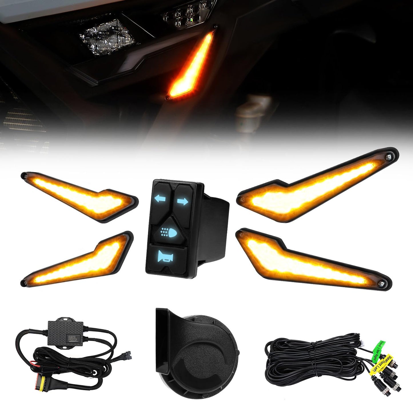KEMIMOTO Triangle UTV Turn Signal Kit with Horn, and Integrated Switch, Pre-Wired, Plug and Play UTV ATV Blinker, Universal Street Legal Turn Signals Compatible with Polaris, Can-Am, Teryx, CFMOTO