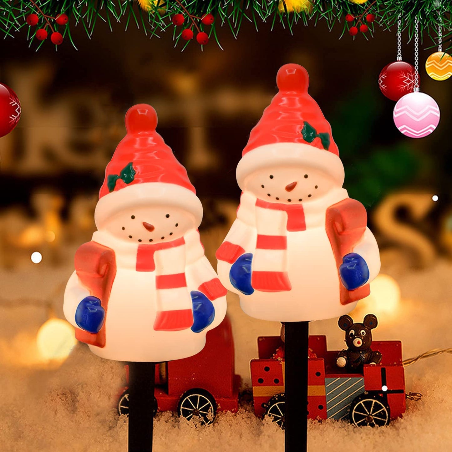 Christmas Snowman Pathway Stakes Lights 7Ft C7 Outdoor Landscape String Light with 4 Snowman Driveway Markers(E12 Base 5w) for Patio Yard Garden Lawn Decoration 1 Pack, White