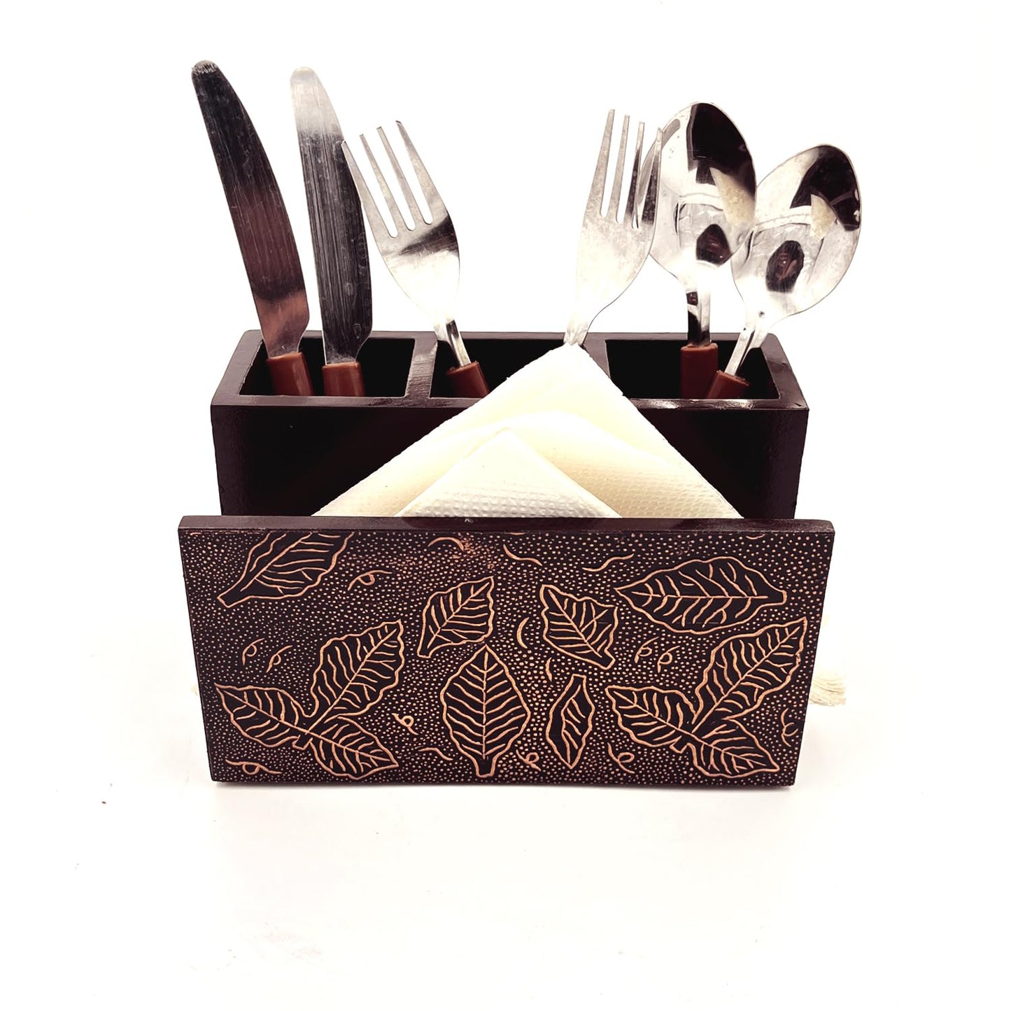 ZYNTIX Wooden Napkin Stand with Cutlery Holder | Cutlery Stand | Napkin Stand with Spoons for Kitchen | Tissue Paper with Offices Stationary Holder | Spoon Stand for Dining table (Brown)
