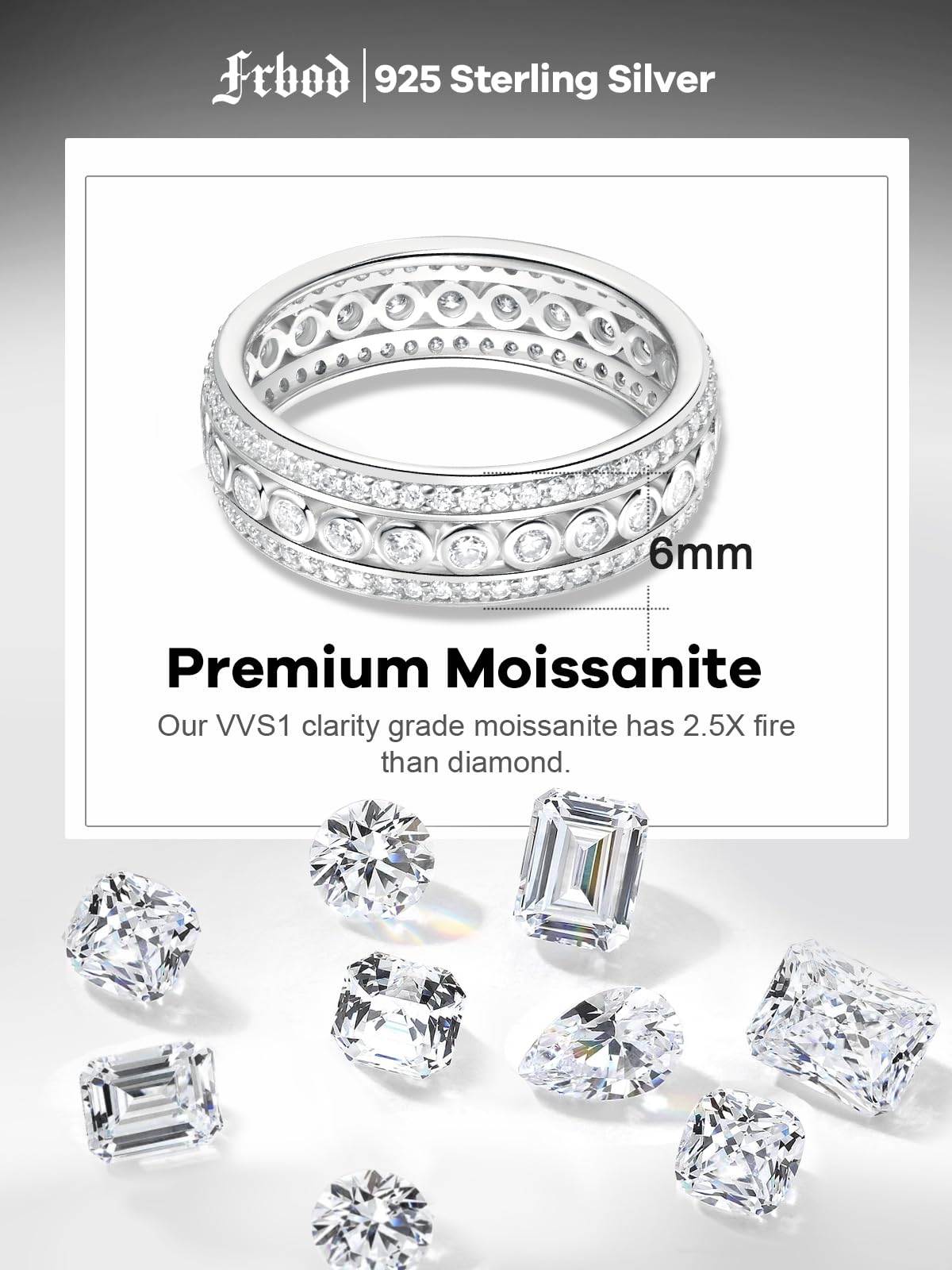 Frbod Chunky Moissanite Rings Eternity Diamond Band Hypoallergenic 925 Silver Rings for Women Promise Bezel Ring Size 6