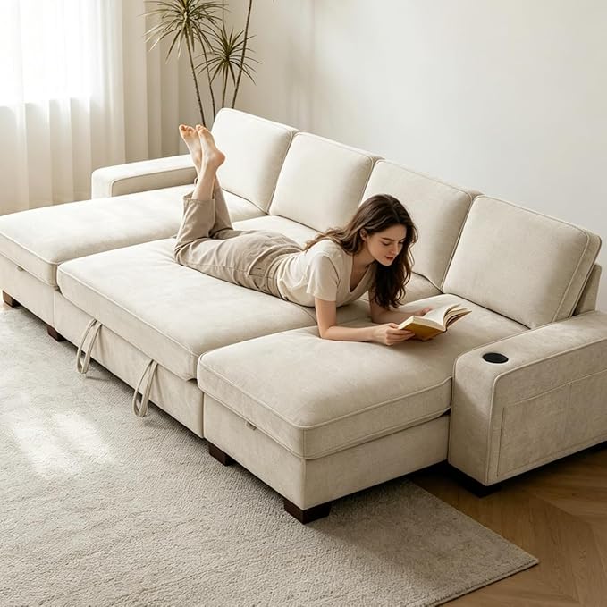 129" Convertible Sleeper Sofa Bed, L Shaped