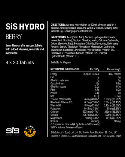 Science in Sport Hydro Electrolyte Tablets 160 pcs. Berry – Vegan & Gluten-Free, Ideal to Promote Hydration and Maintain Electrolytes Balance (Packaging May Vary)