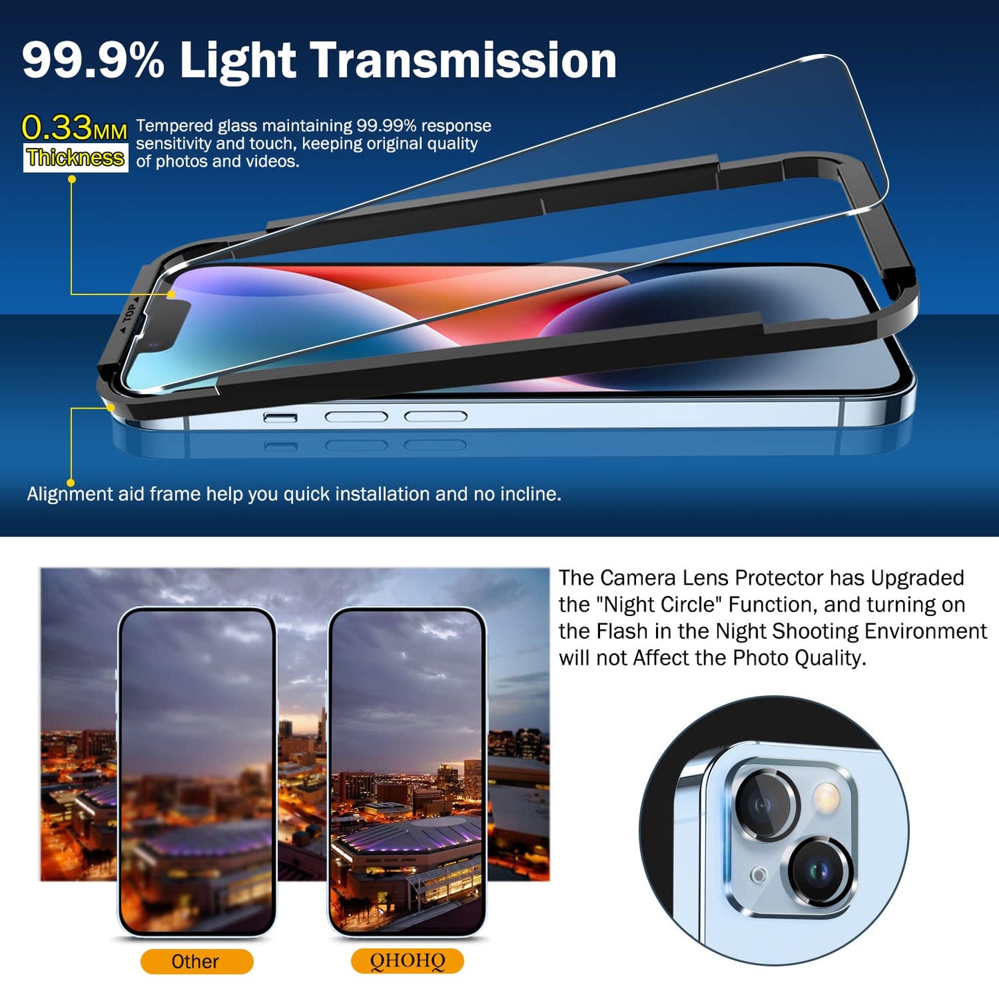 QHOHQ 3 Pack Screen Protector for iPhone 14 / iPhone 13 [6.1 Inch] with 3 Pack Tempered Glass Camera Lens Protector, Ultra HD, 9H Hardness,Case Friendly