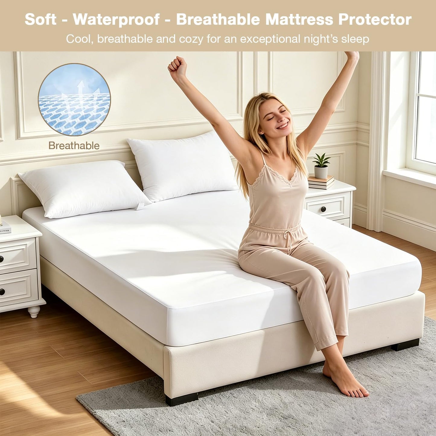 King Size Mattress Protector Waterproof- Washable Mattress Cover Fitted Bed Pad Noiseless Plastic Protection Up to 18” Mattress Protector Soft&Breathable（White）