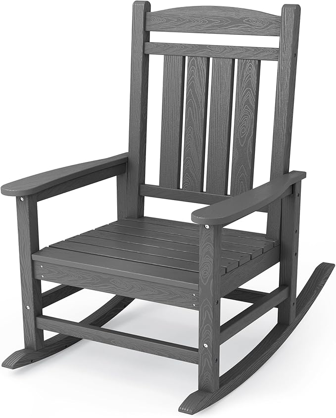 KINGYES HDPE Outdoor Rocking Chair, Widened Seat Patio Rocking Chair, Oversized All Weather Patio Rocker, Gray