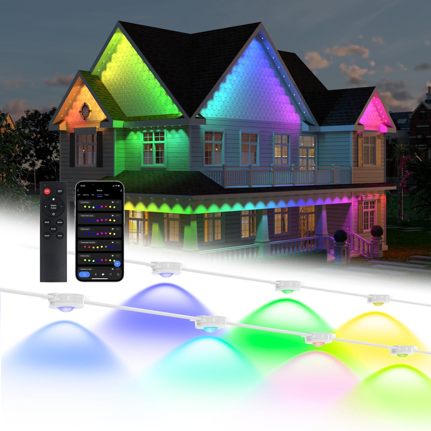 olivilily Permanent Outdoor Lights, 150ft with 90 LEDs Smart RGB, 68+ Scene Modes IP66 Waterproof, Alexa/Google Assistant Compatible Holiday Lighting for Christmas Halloween Patio Decor