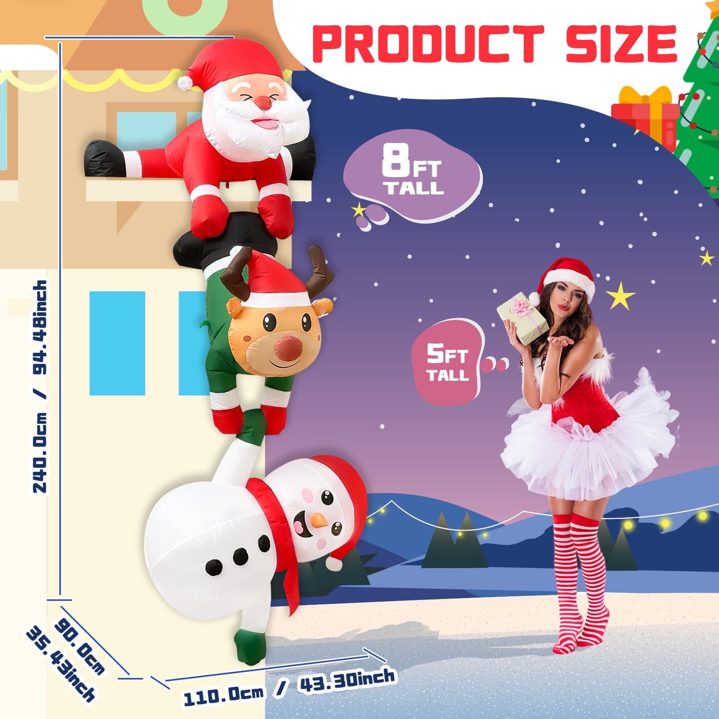 OurWarm 8FT Hanging Christmas Inflatables Decorations, Climbing Santa Claus with Reindeer & Snowman, Xmas Decor for Beam Roof Tree Indoor Home Party