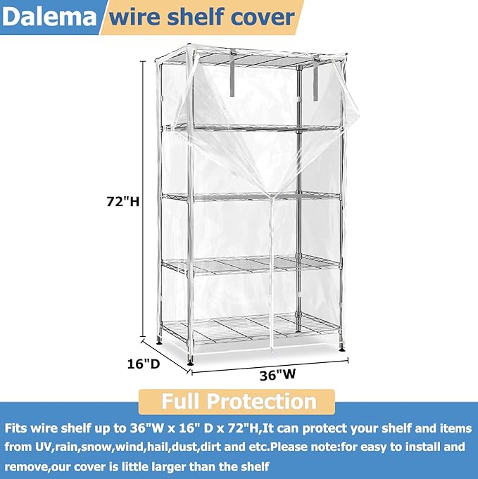 Waterproof Shelf Cover,Durable Dustproof Storage Wire Rack Covers,Outdoor Shelving Covers for Wire Shelves with Zipper 36''x16''x72'',Clear,Cover Only