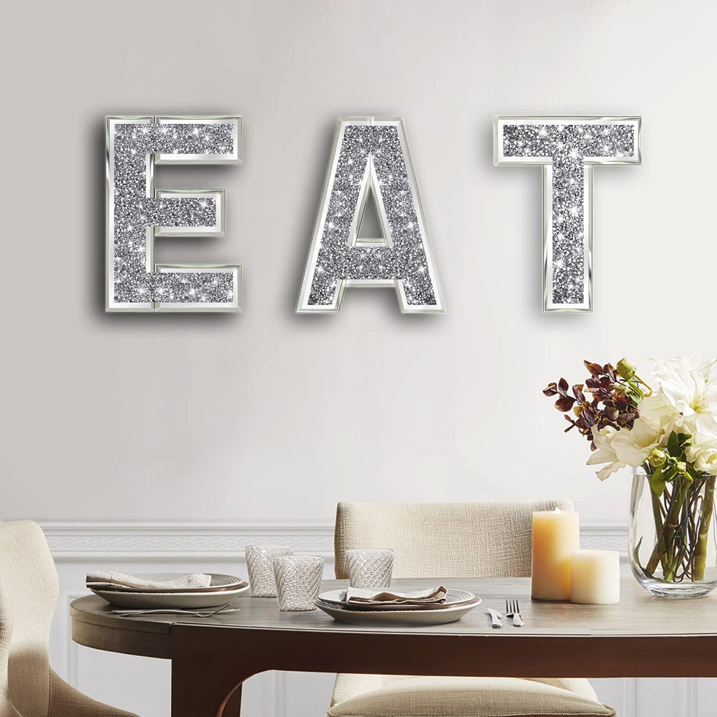 ZOLAPI 3 pcs Independent Letters EAT.Glam Crystal Diamond Letters.Silver Mirror Glass Home Decoration for Wall, Kitchen,Living room, Fireplace, Bookshelf and Table.