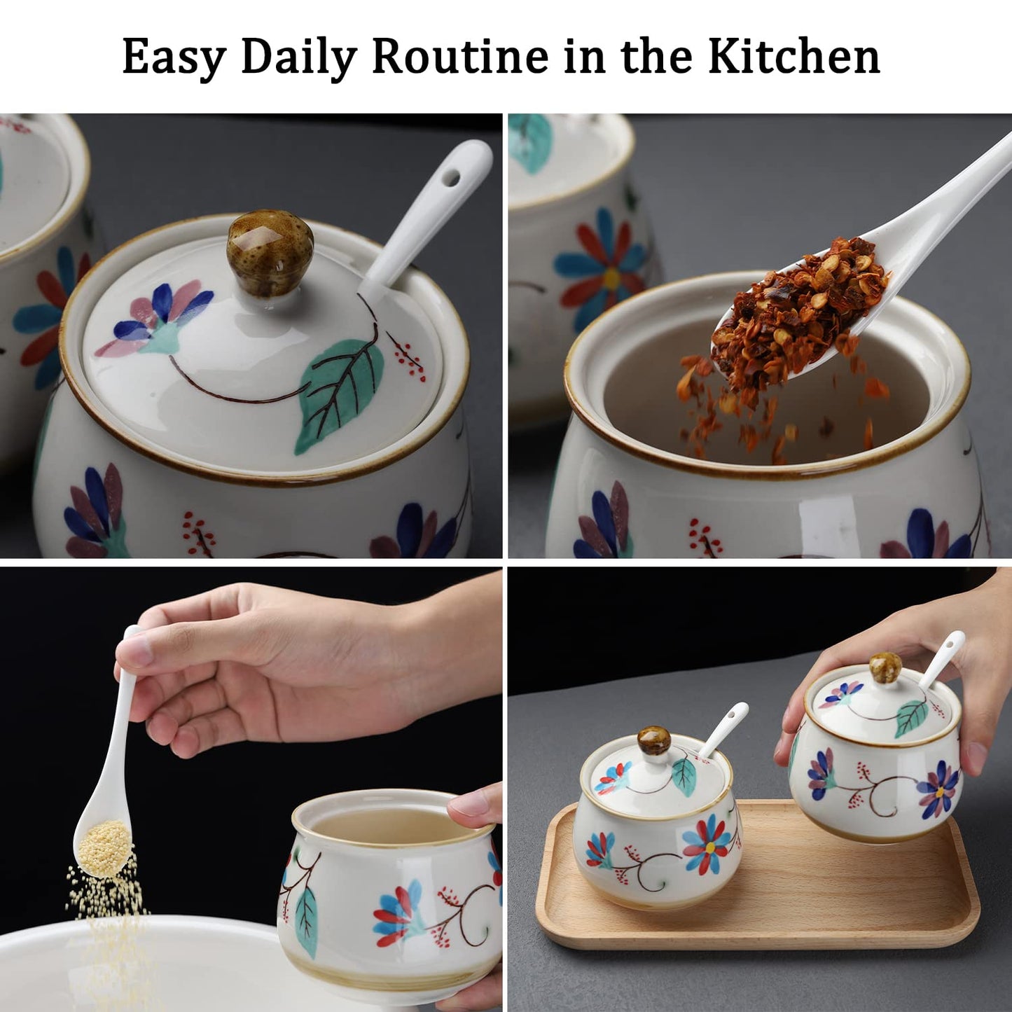 Evannt Porcelain Sugar Bowl Set of 2 Porcelain Sugar Jar with Lid and Spoon Sugar Canister Storage Container for Sugar Salt Spice Pepper Condiment (Style 2)