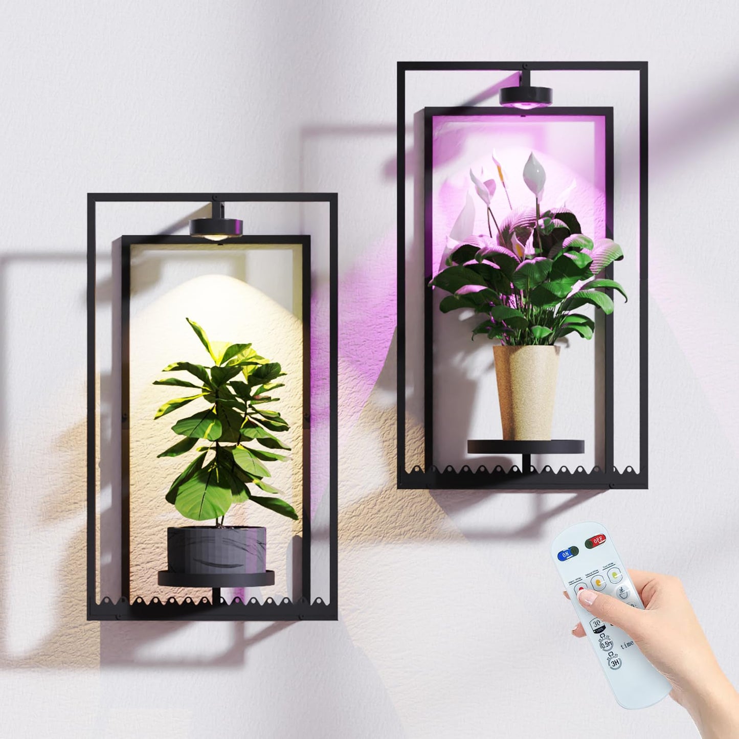 Starxing Wall Plant Shelf with Grow Lights, Remote Control Indoor Plant Holder Stand for Hanging Planters, Modern Framed Wall Decor for Living Room, Home L-2PK