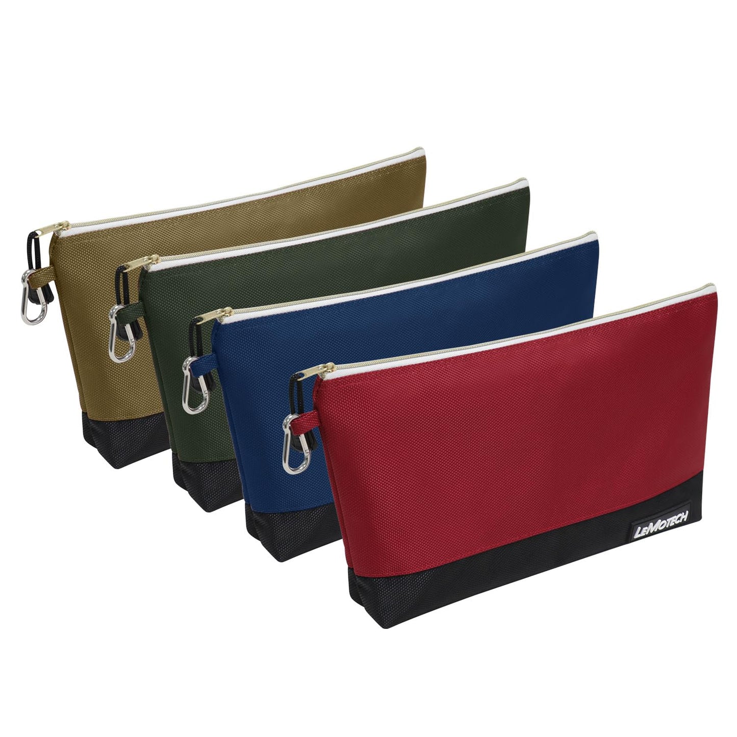 LeMotech Zipper Tool Bag, Stand-Up Tool Pouch with Carabiners,Utility Bag,Water Resistant Storage Bag,12x6.8-Inch Red/Brown/Blue/Olive 4 Pack