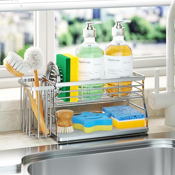 SWTYMIKI Kitchen Sink Caddy Organizer, 2 Tier Sponge Holder