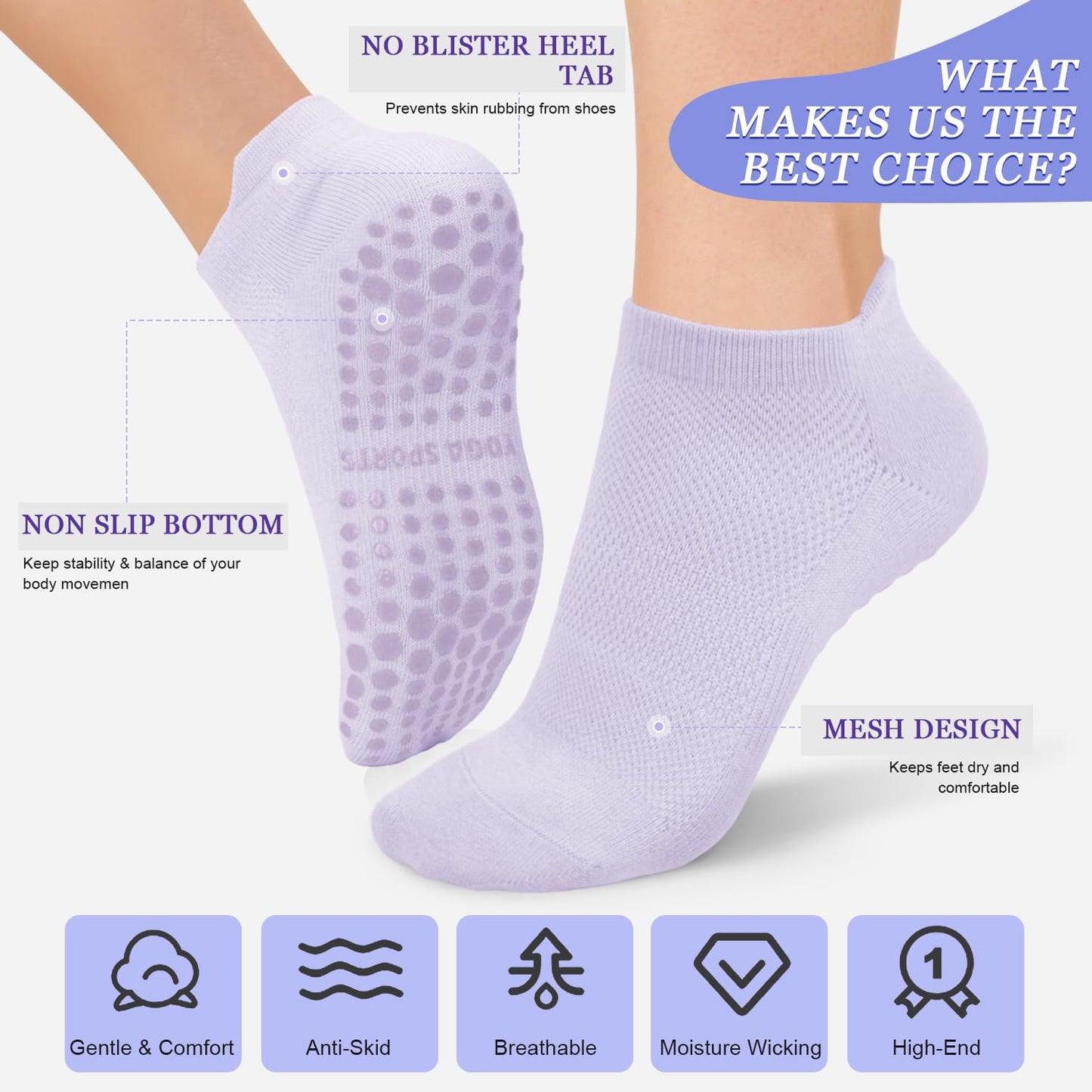 yeuG Pilates Socks for Women Non Slip Grip Socks Ankle Grippy Yoga Socks for Ballet, Pure Barre, Dance, Barefoot Workout