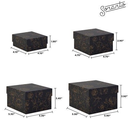 Sorarto Square Gift Boxes with Lids 4pc Set | Black Gold Floral Nesting Gift Boxes for Presents Birthday Wedding Bridesmaid Christmas
