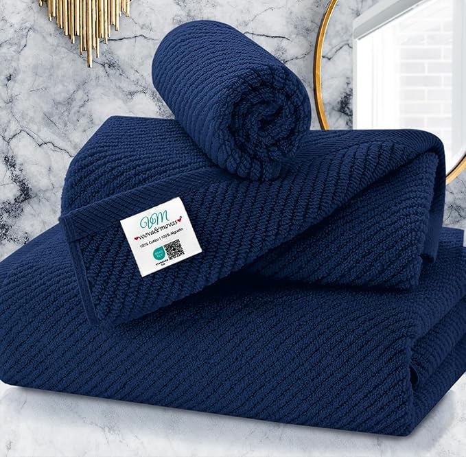 Blue Towels Set for Bathroom, Luxury 3 Piece Gift set, 100% Cotton | Quick Dry