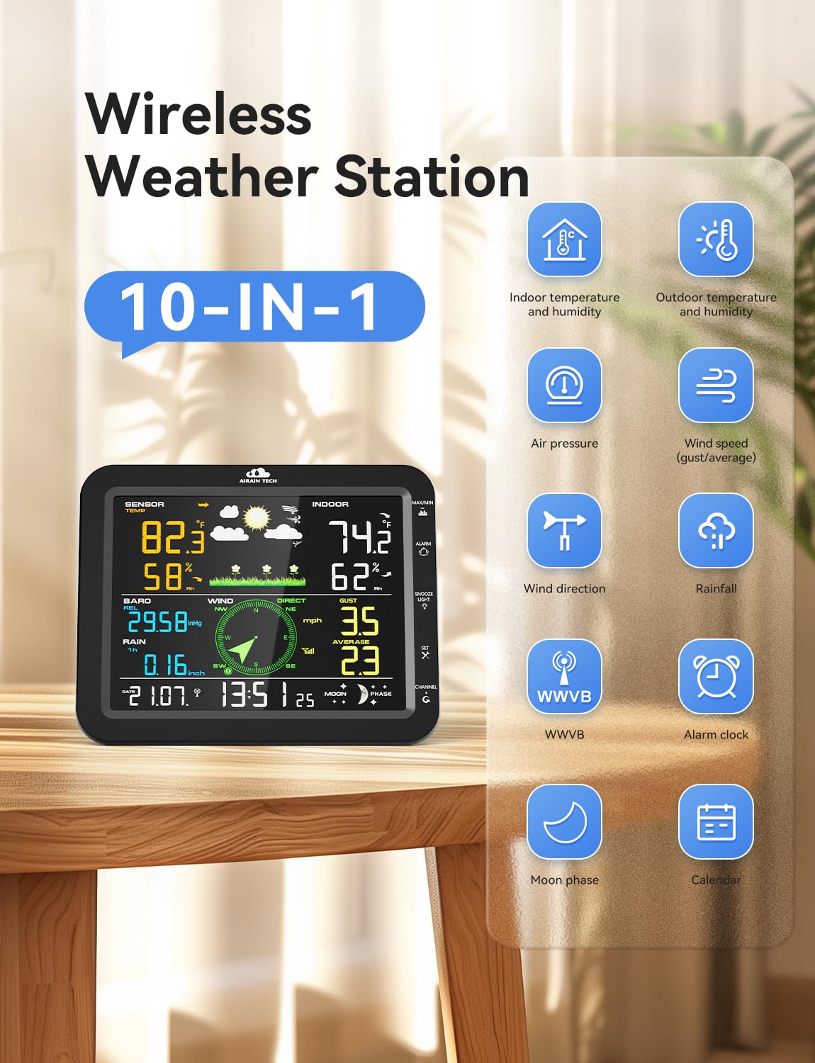 AIRAIN TECH 10-in-1 Wireless Weather Station with Dual Display, Outdoor Sensor, Rain Gauge, Wind Speed,Atomic Clock, Indoor Temp/Humidity, Barometric Pressure,etc (No WiFi)