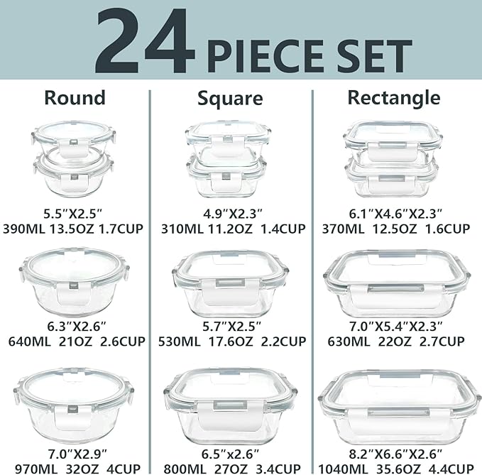 12 Pack Glass Lunch Meal Prep Containers
