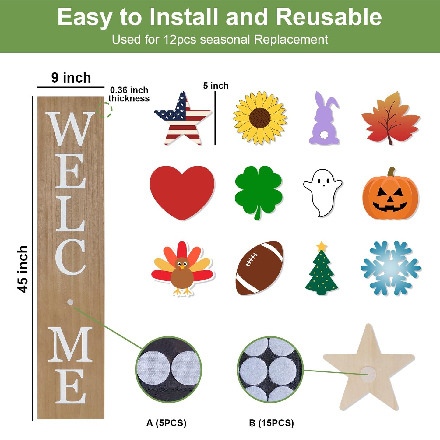 Interchangeable Wooden Porch Welcome Sign with 12 Interchangeable Icons 45"X9" Large Standing Hanging Seasonal Home Decor for Porch Wall Yard Decorations (Wood)