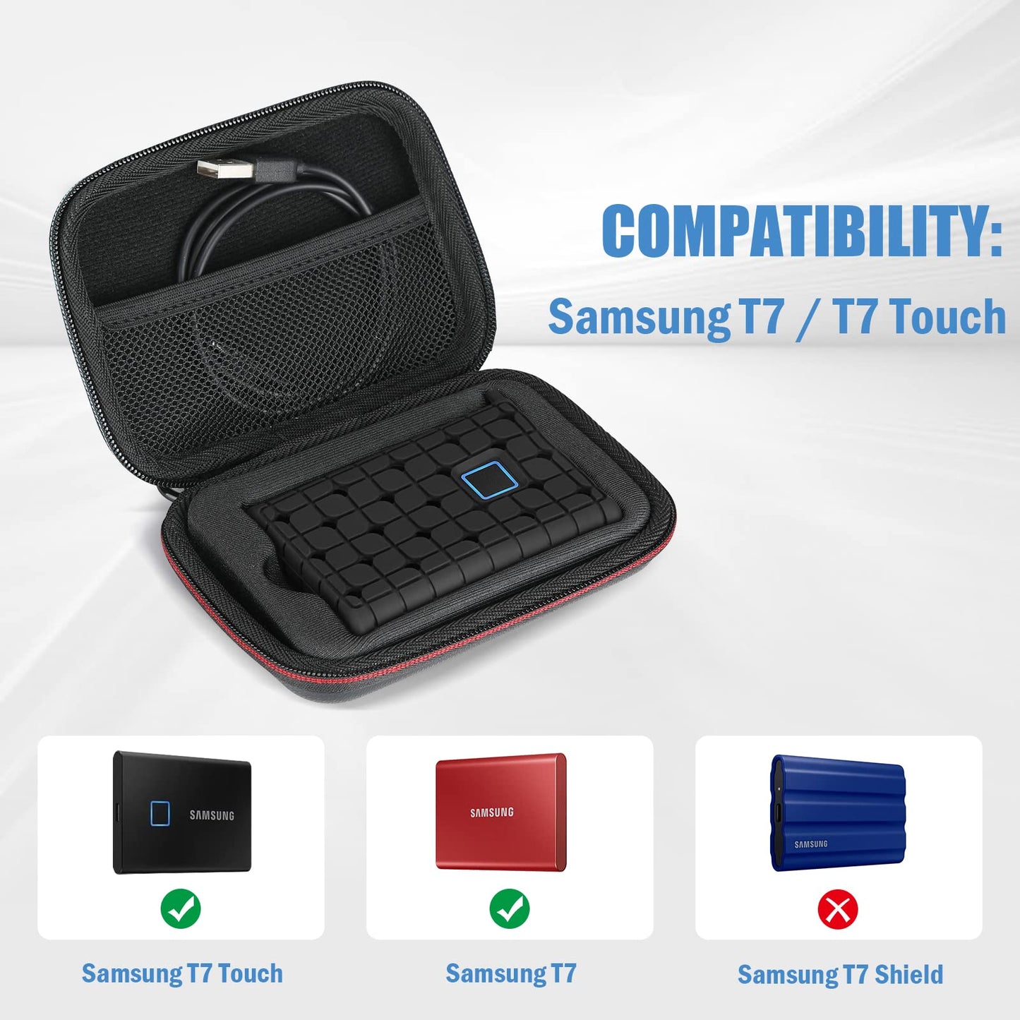 ProCase Shockproof Carrying Case + Silicone Cover for Samsung T7 / T7 Touch Portable SSD External Solid State Drives (500GB 1TB 2TB), Hard Shell Travel Storage Organiser –Black