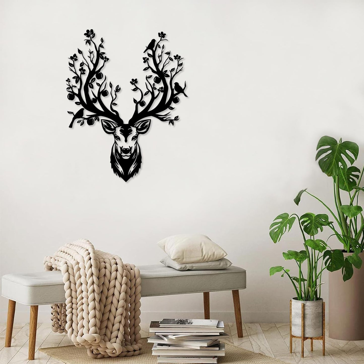 Harikikochuu Deer Head Wall Decor Metal Deer Head Wall Art Tree Branch Metal Wall Sculpture for Living Room Bedroom Entryway Outdoor Art Hunting Accent for Cabin Lodge Farmhouse (16.1x12.6 Inch)