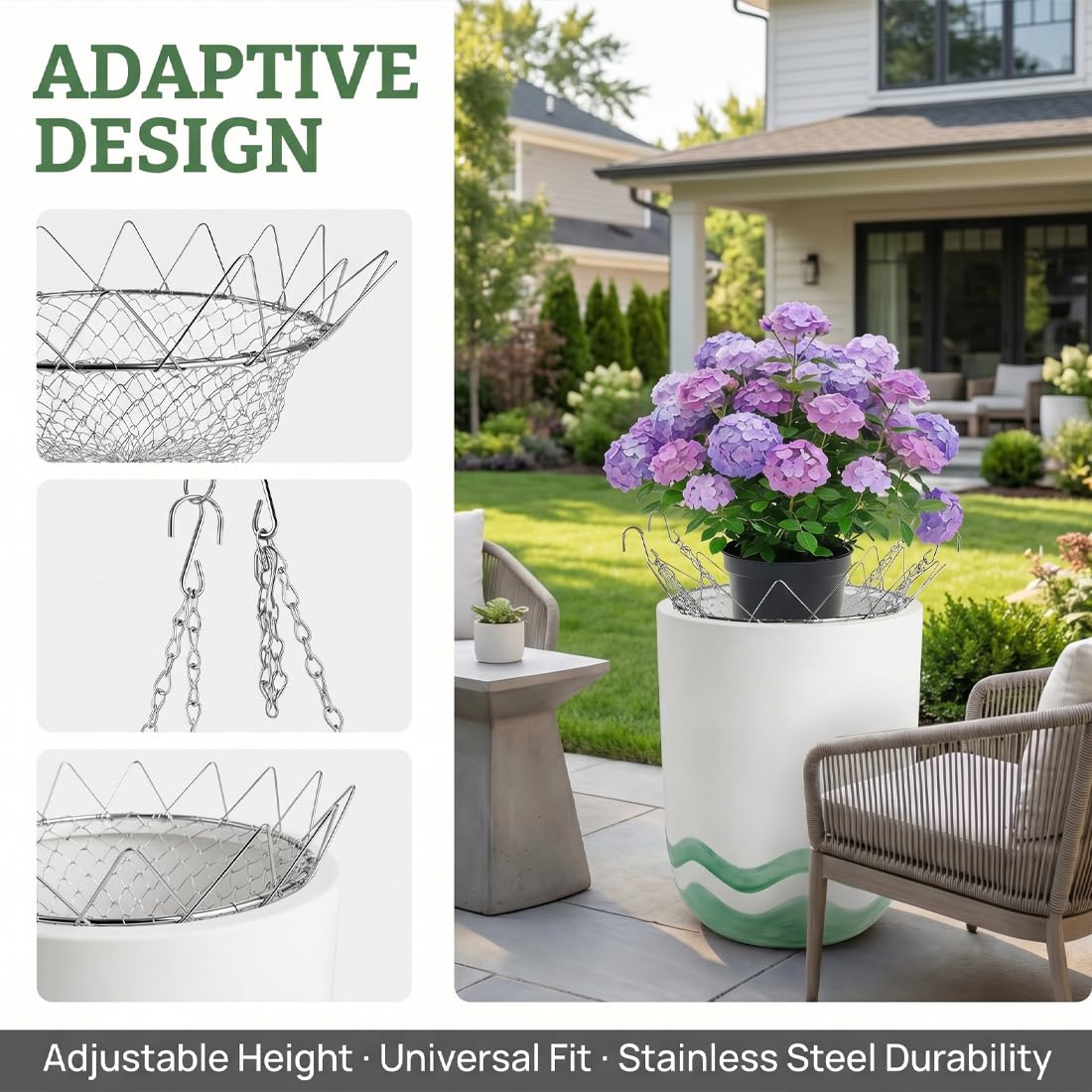 Adjustable Planter Insert, Heavy-Duty Rustproof Stainless Steel Plant Riser for Large Pots, Outdoor and Indoor Flower Pot Filler with Chains, Decorative Plant Elevator for Home Patio Balcony Garden