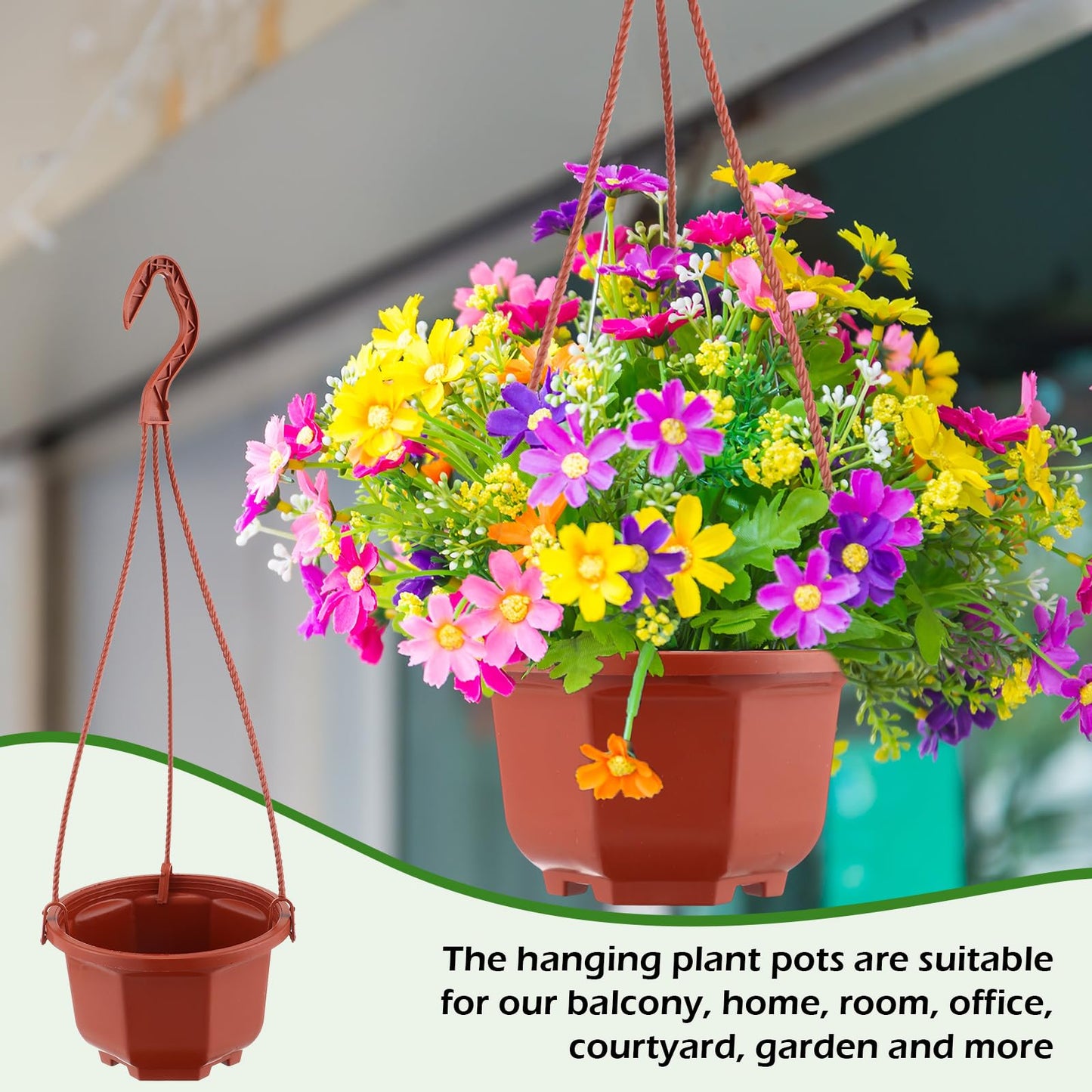 Roshtia 24 Pcs Hanging Plastic Planter Pot with Hook Flower Pots Baskets Hanging Nursery Planter Holder for Outdoor Indoor Plant Garden(Brown,5 Inch)