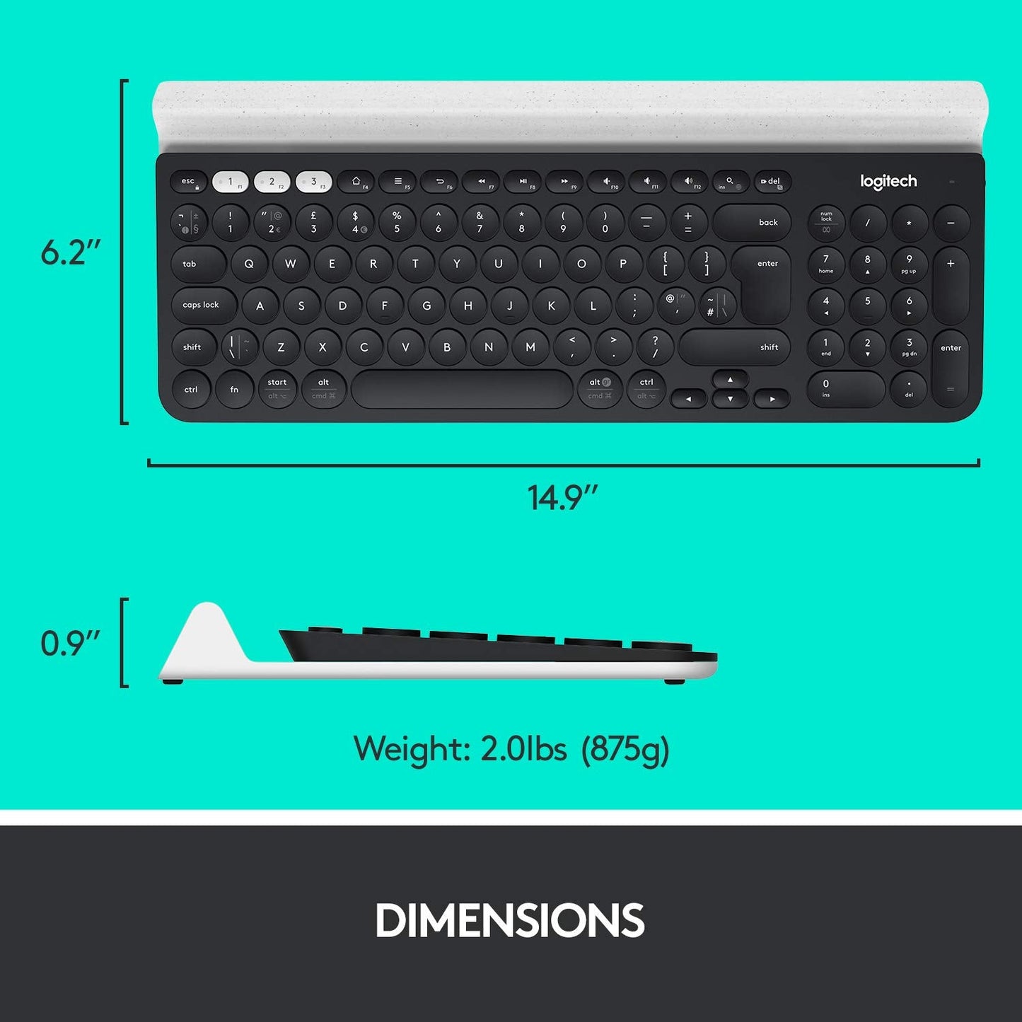 Logitech K780 Multi-Device Wireless Keyboard for Windows, Apple android or Chrome, Wireless 2.4GHz and Bluetooth, Quiet, PC/Mac/Laptop/Smartphone/Tablet, QWERTY UK Layout - Dark Grey/White