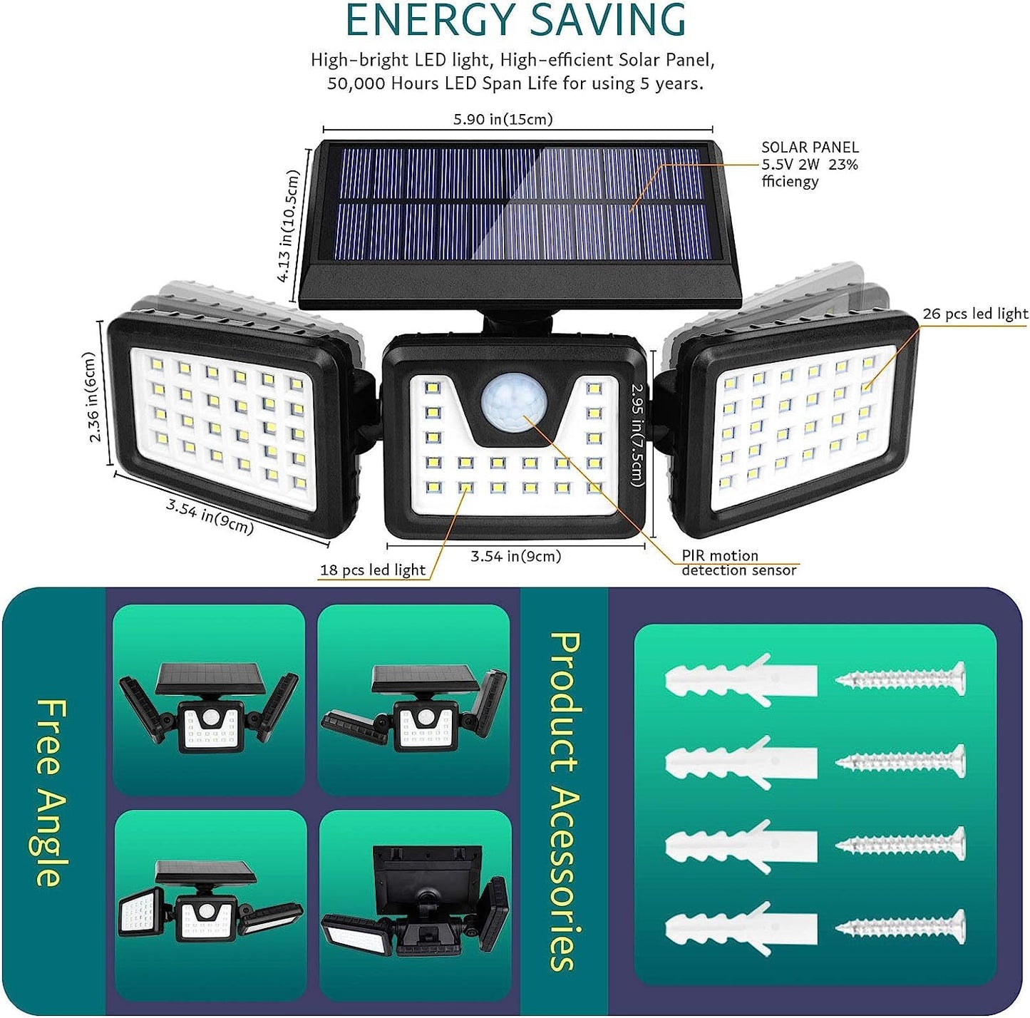 KIBTOY Solar Sensor Outdoor Bright Light Easy to Install, Security Light with 360° Wide Lighting Angle IP65 Waterproof for Front Door,Pathway,Yard,Garage