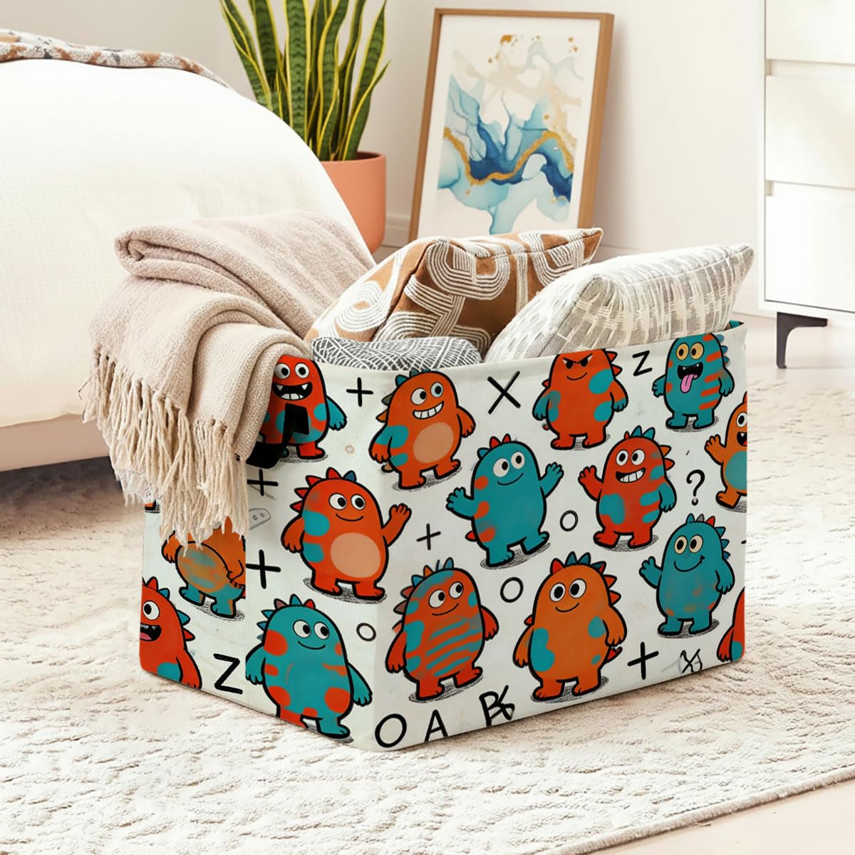 Cartoon Laundry Hamper with Handles,Large 56L Foldable Square Clothes Basket Multi‑Use Blanket Storage Bins for Organizing Books,Toys,Gifts,Room Decoration,Laundry Room,Dorm Nursery