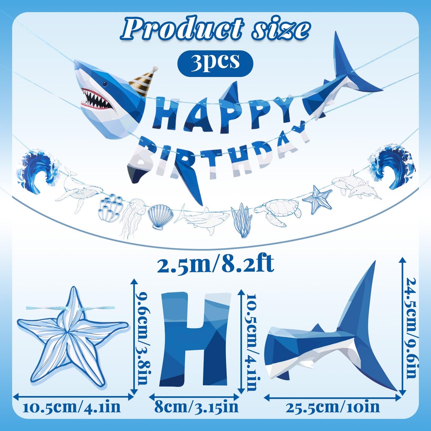 SUNBEAUTY Shark Birthday Party Decorations Shark Happy Birthday Banner Ocean Theme Hanging Shark Garland Under The Sea Pre-strung Shark Birthday Banner for Boys Baby Shower Beach Summer Pool Party（Blue）