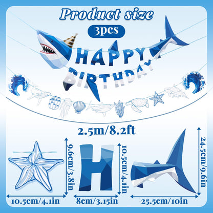 SUNBEAUTY Shark Birthday Party Decorations Shark Happy Birthday Banner Ocean Theme Hanging Shark Garland Under The Sea Pre-strung Shark Birthday Banner for Boys Baby Shower Beach Summer Pool Party（Blue）