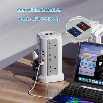 Tower Extension Lead with USB Slots and USB C Fast Charger, (13A 3250W) 5 USB Ports and 12 Way Extension Tower, Extension Cable for Home, Office (Gray and White, 1.8M)