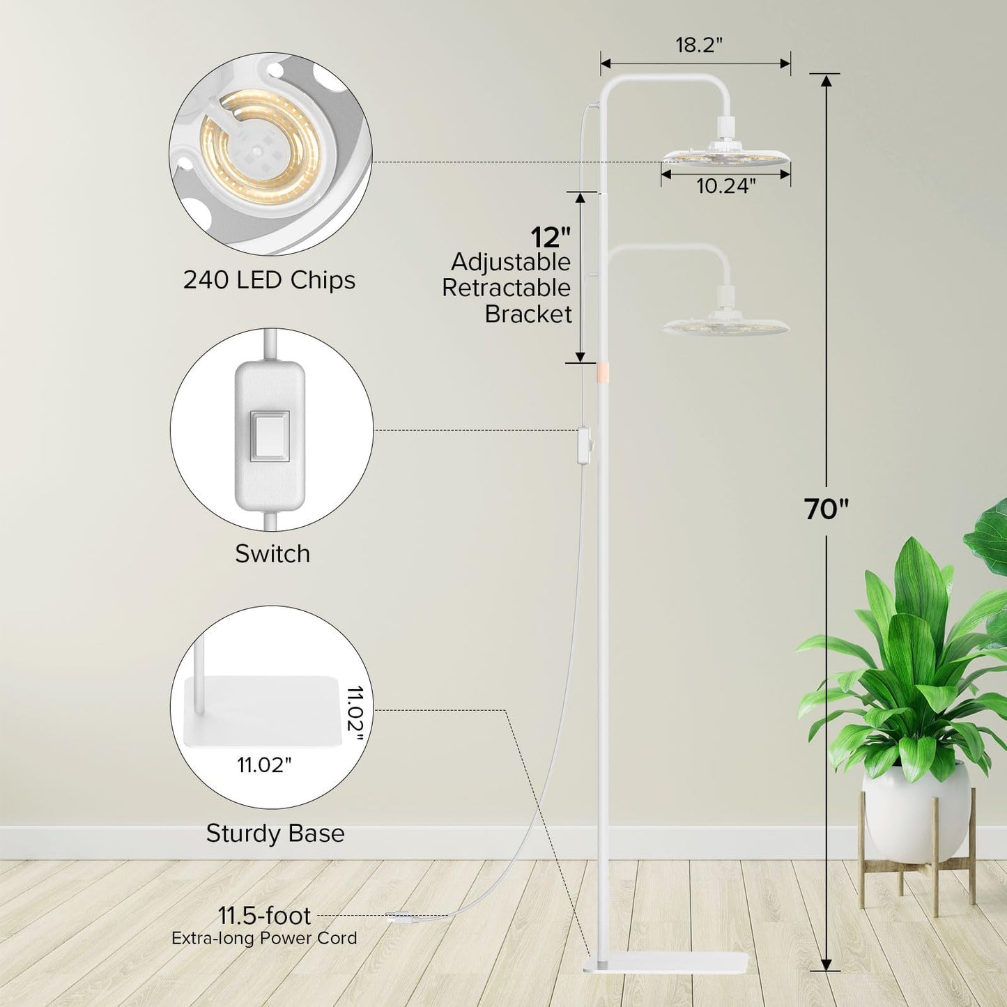 SANSI Grow Lights for Indoor Plants, 100W Full Spectrum Tall Plant Lights for Indoor Growing, 47"-70" Standing Grow Light with Remote Control 5 Level Dimmable 10200LM 8/12/14H Auto On/Off Timer