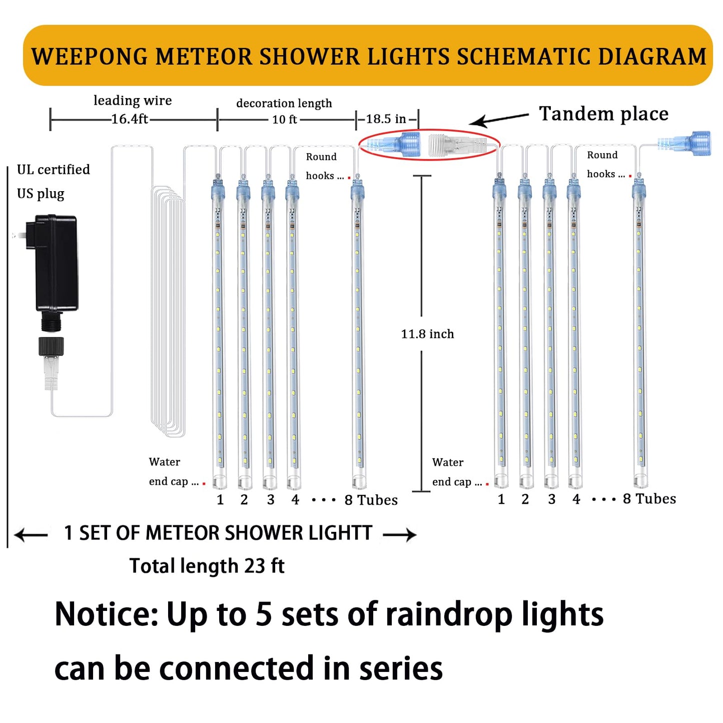 Weepong Halloween Lights Outdoor, Meteor Shower Christmas Lights for Halloween Decorations, 8 Tube 192 LED Snow Falling Rain Icicle String Light for Xmas Christmas Decor Tree Party, UL Plug Green