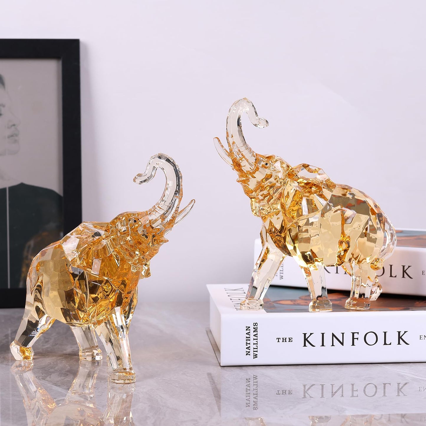 Acrylic Clear Elephant Figurines Crystal Glass Finish, High End African Statues for Home Decor, Elephants with Trunk up, Large Elephants Statue Sculpture,Office Feng Shui Lucky Elephant Gifts