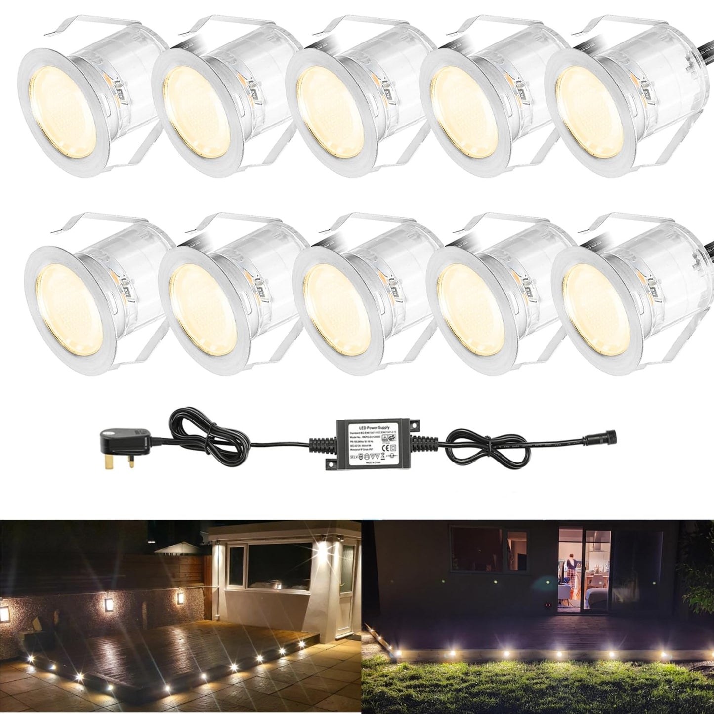 INDARUN Warm White Led Decking Lights Outdoor Waterproof IP67 Ø30MM 12V - Led Plinth Light Kits for Terrace/Patio/Path/Wall/Garden/Decoration, 10 Packs