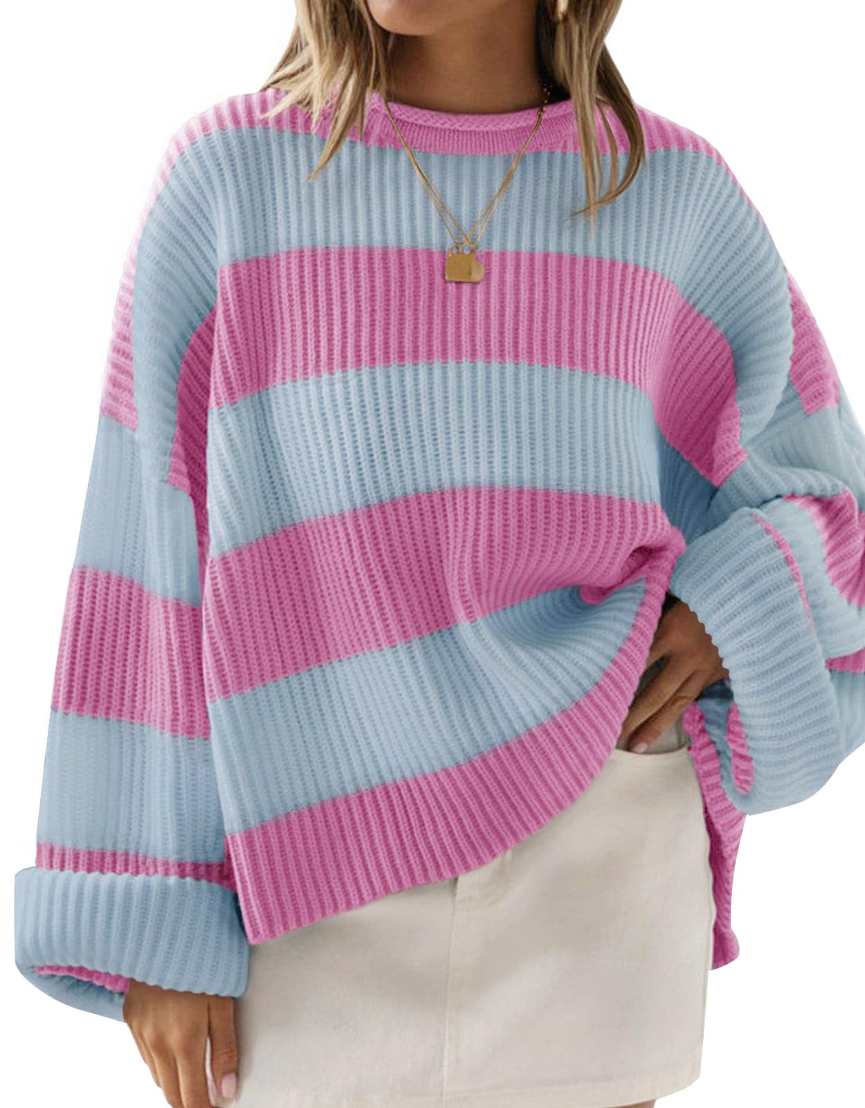 ZESICA Women's 2025 Fall Long Sleeve Oversized Striped Color Block Comfy Loose Crew Neck Knitted Pullover Sweater