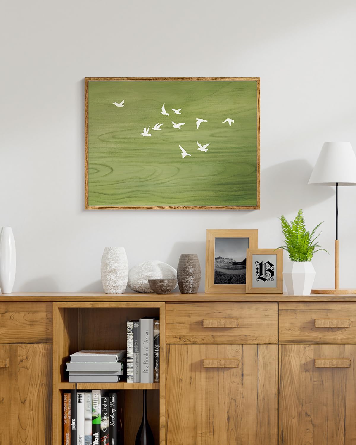 Peaceful Landscape 12x16 Zen Framed Canvas Wall Art, Abstract Minimalist Green Nature Print with Flying White Birds Painting, Modern Bedroom Office Home Farmhouse Calming Spaces Decor