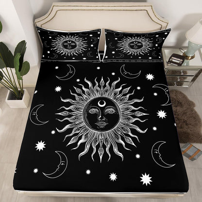 Feelyou Sun and Moon Fitted Sheet Boho Exotic Bedding Set for Kids Boys Girls Teens Decor Bohemian Celestial Bed Sheet Set Black White Hippie Design Bed Cover No Flat Sheet 2Pcs Twin Size