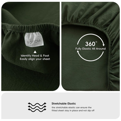 MooMee Fitted Bottom Sheet Only 100% Washed Cotton Linen Like Textured Breathable Durable Soft Comfy Deep Pocket Fits Mattress up to 17" (Forest Green, Queen)