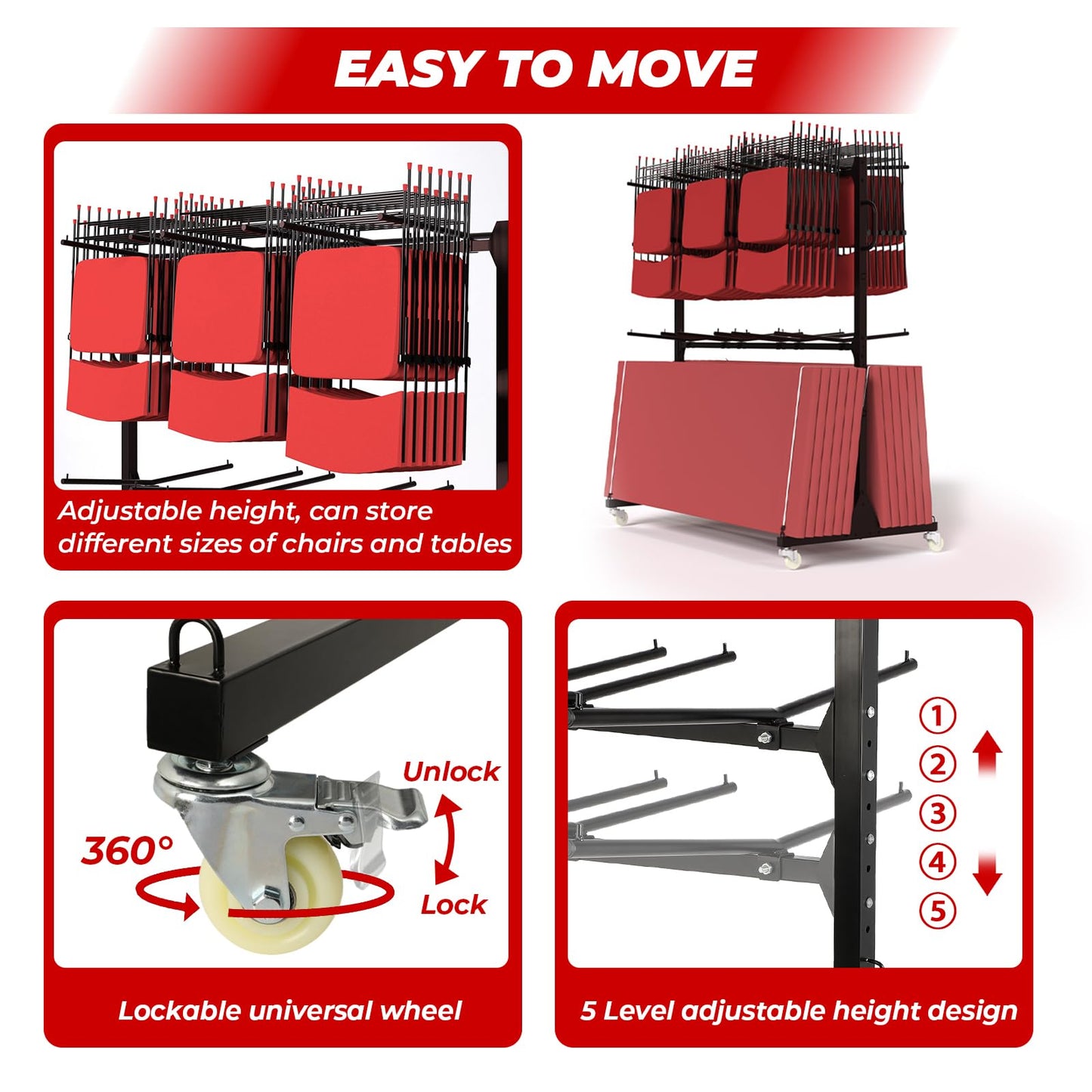 Folding Chair Rack, Heavy-Duty Folding Chair Cart with Storage Rack, 800 LBS Capacity Dual-Layer Chair Storage Dolly Holds 84 Folding Chairs or 42 Chairs+12 Table with Waterproof Cover