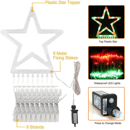 MINIAO Christmas Decorations Star String Lights, 320 LED Waterfall Tree Lights with 13" Topper Star 8 Lighting Modes Indoor Outdoor Decorative for New Year, Holiday, Wedding, Party