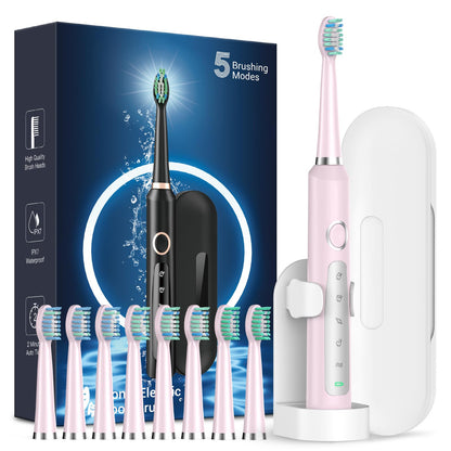Rtauys M5 Sonic Electric Toothbrush for Adults and Kids - Rechargeable Electric Toothbrush Kids Ages 12+ and Adults with 8 Brush Heads & Travel Case, 120 Days Battery Life - Pink
