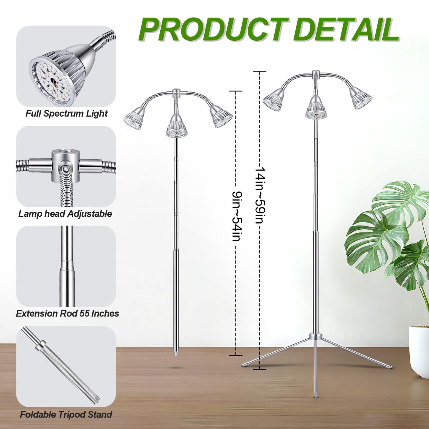 Avolend Grow Lights with 3 Heads for Indoor Plants, 10-55 Inches Height Adjustable Aluminum Alloy, Full Spectrum Plant Growing Lamps with Detachable Tripod Stand, Auto On/Off Timer