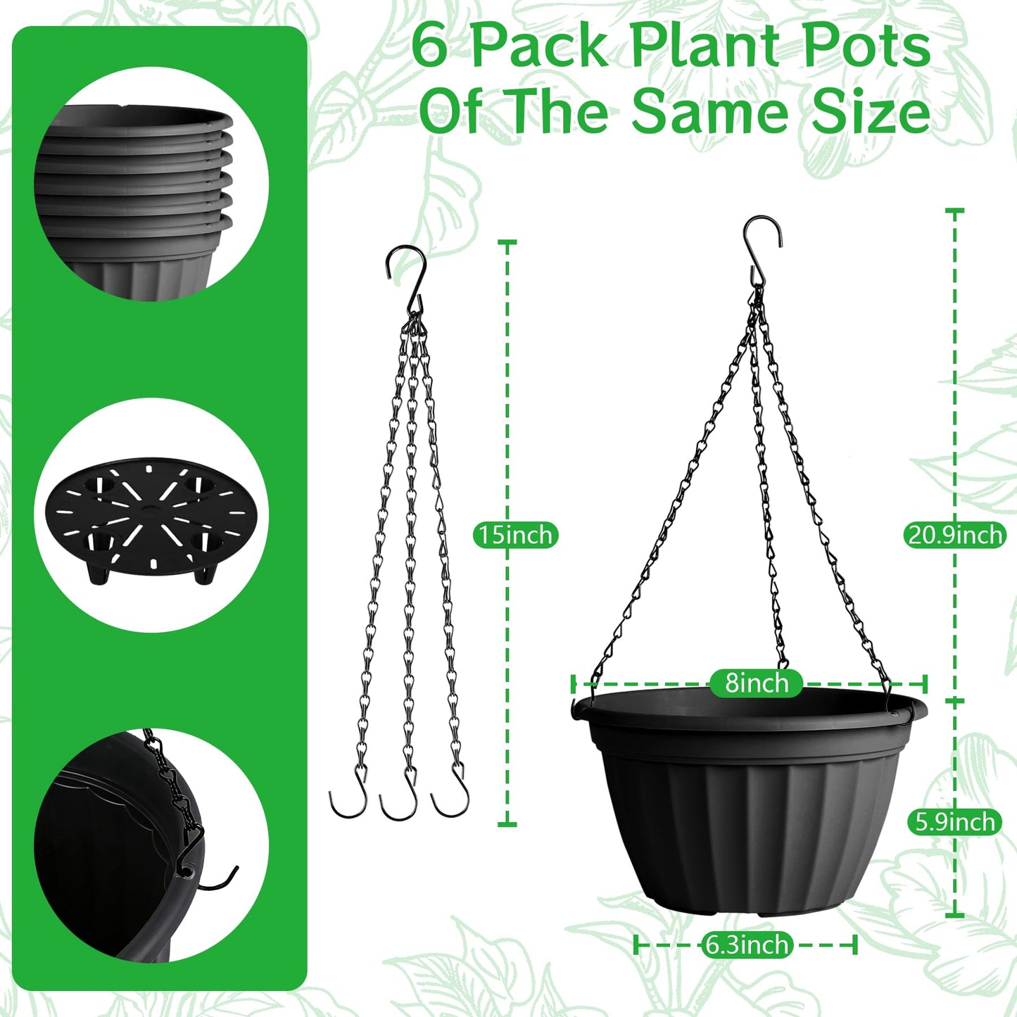 FGstyle 6 Pack Hanging Planters 8 Inch,Self Watering Pots for Indoor Plants,Plastic Hanging Basket with Soil Elevator and 20" Chain for Home Garden Porch Balcony Patio Decor(Black)