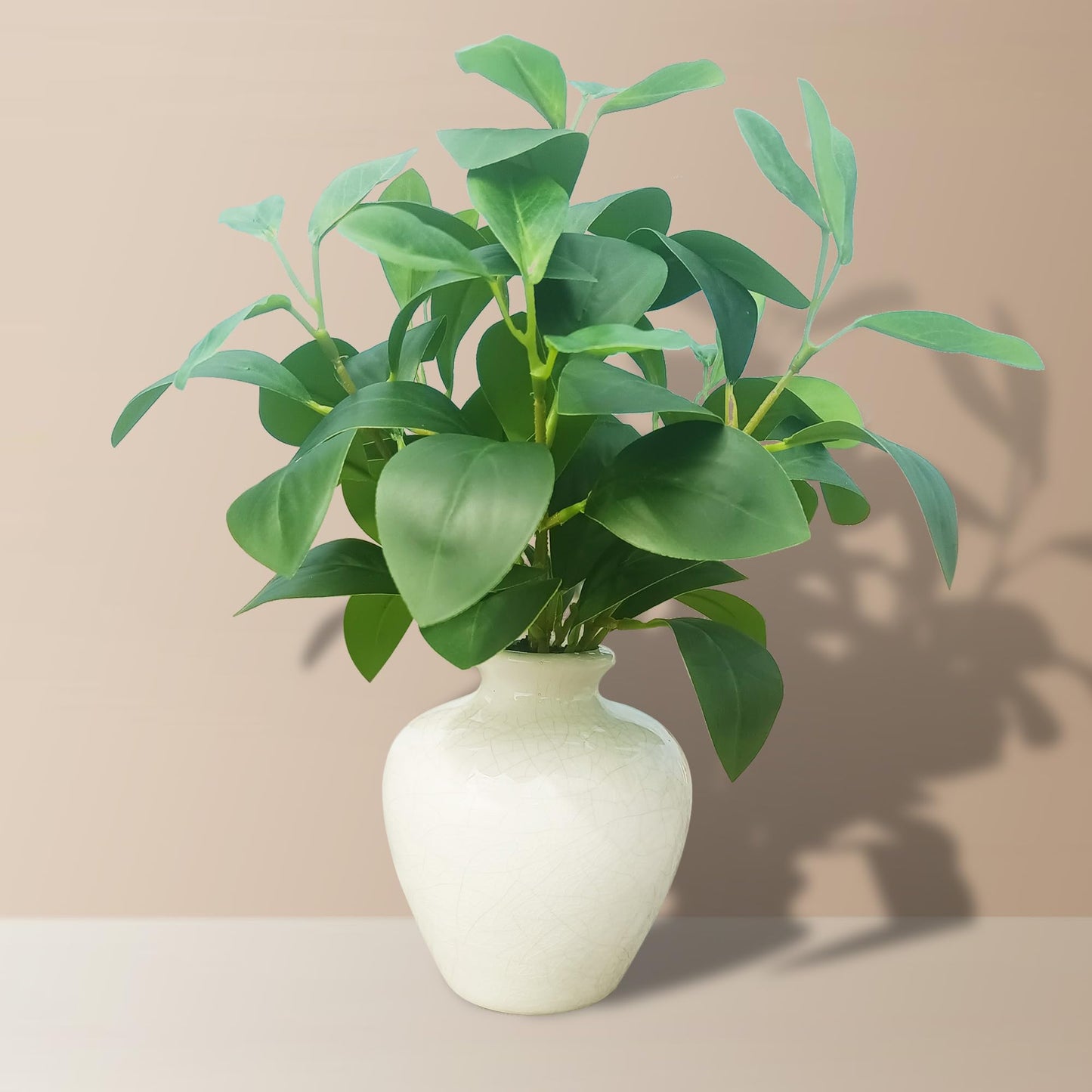 XINMAMODA 13-inch Artificial Pilea Leaves - Fake Green Plants in the Ceramic vase, Small Bedroom Faux Potted Plant, Suitable for Rustic Style bathrooms, Kitchens, desks as Decoration.